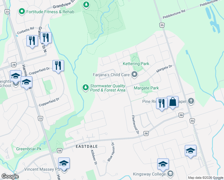 map of restaurants, bars, coffee shops, grocery stores, and more near 566 Oldman Road in Oshawa