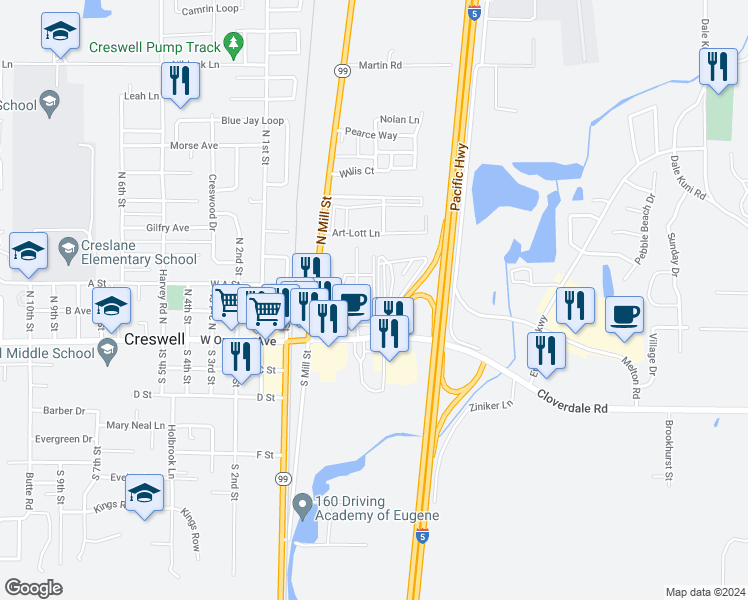 map of restaurants, bars, coffee shops, grocery stores, and more near 298 East Oregon Avenue in Creswell