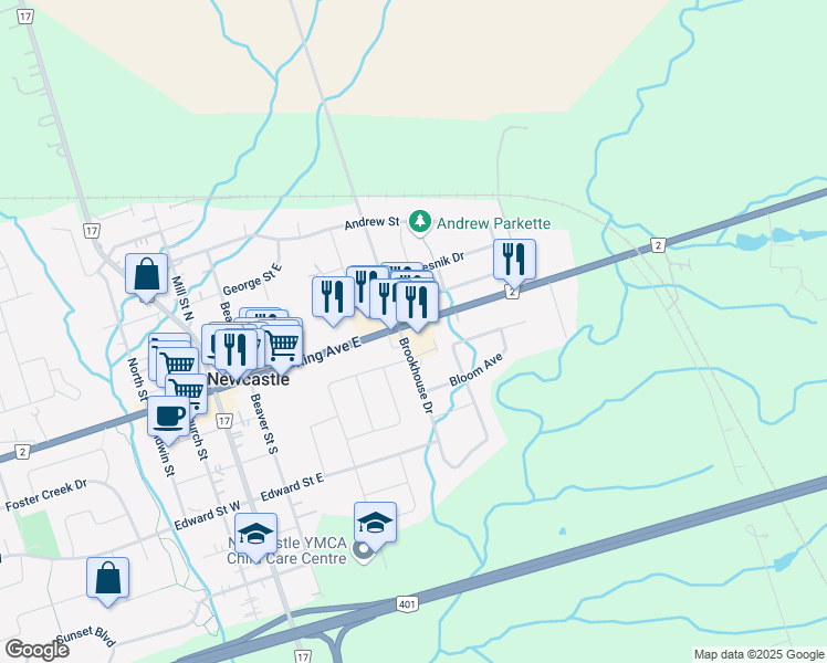 map of restaurants, bars, coffee shops, grocery stores, and more near 361 King Avenue East in Newcastle