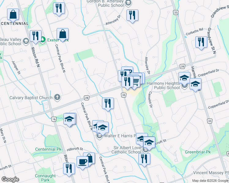 map of restaurants, bars, coffee shops, grocery stores, and more near 513 Rossland Road East in Oshawa