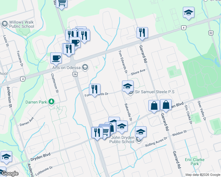 map of restaurants, bars, coffee shops, grocery stores, and more near 8 Inverary Court in Whitby