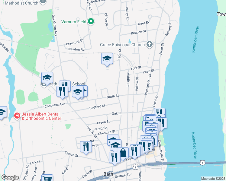 map of restaurants, bars, coffee shops, grocery stores, and more near 134 North Street in Bath