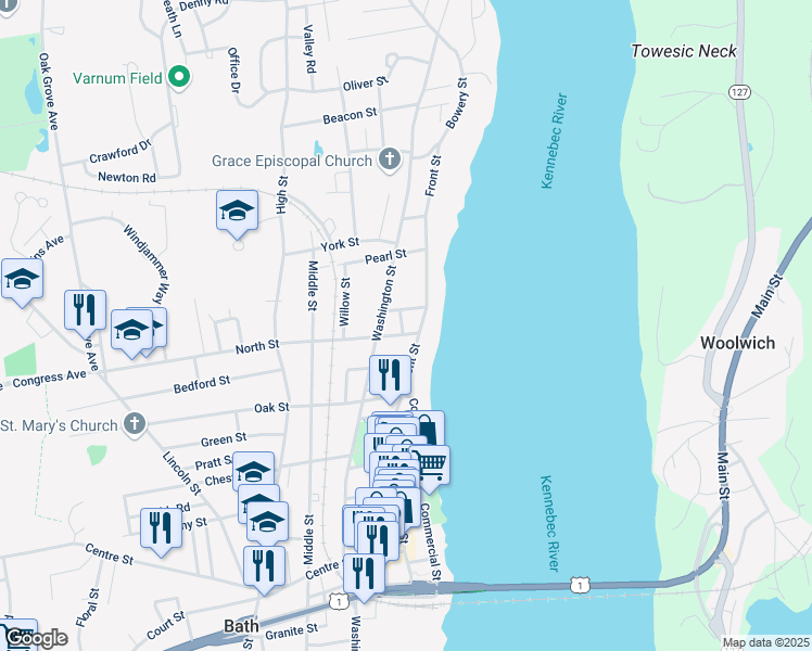 map of restaurants, bars, coffee shops, grocery stores, and more near 300 Front Street in Bath