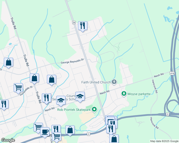 map of restaurants, bars, coffee shops, grocery stores, and more near 3148 Courtice Road in Courtice