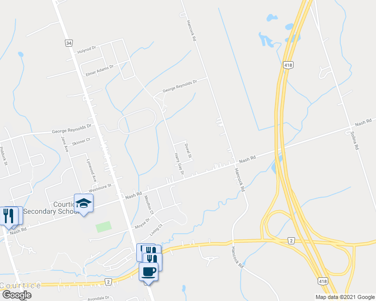 map of restaurants, bars, coffee shops, grocery stores, and more near 18 Duval Street in Courtice
