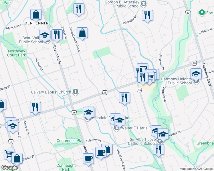 map of restaurants, bars, coffee shops, grocery stores, and more near 510 Rossland Road East in Oshawa