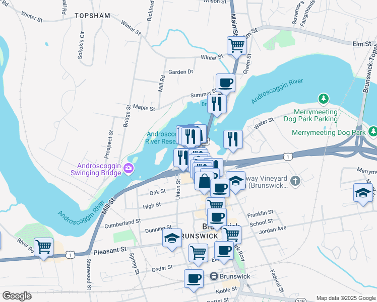 map of restaurants, bars, coffee shops, grocery stores, and more near 14 Maine Street in Brunswick