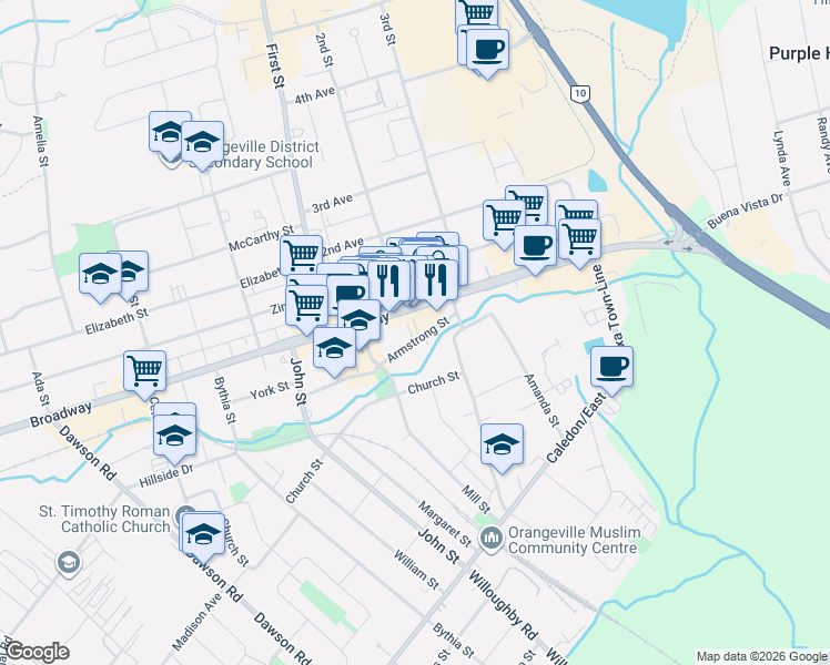 map of restaurants, bars, coffee shops, grocery stores, and more near 17 Armstrong Street in Orangeville