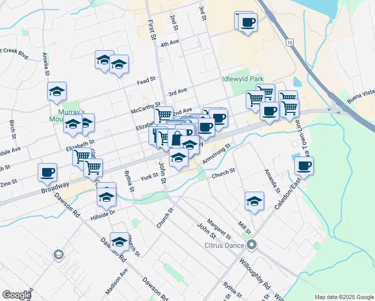 map of restaurants, bars, coffee shops, grocery stores, and more near 154 Broadway in Orangeville