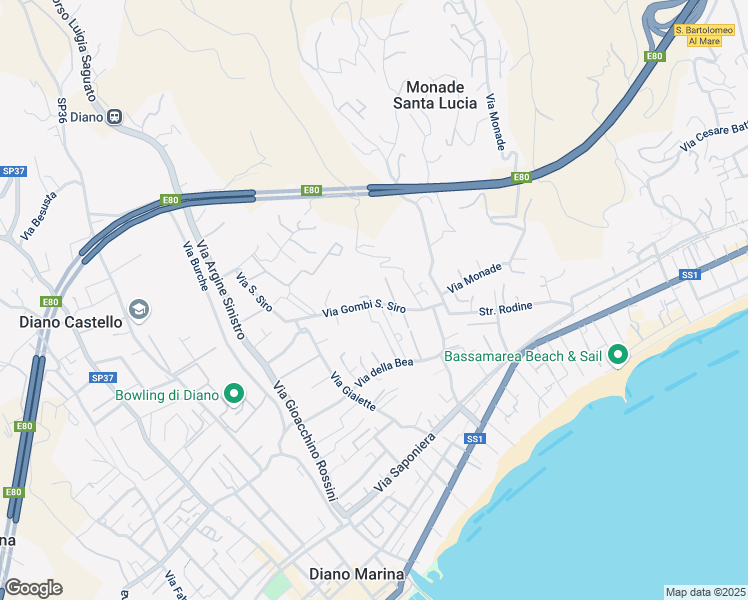map of restaurants, bars, coffee shops, grocery stores, and more near 10 Strada Sant'Angelo in Diano Marina