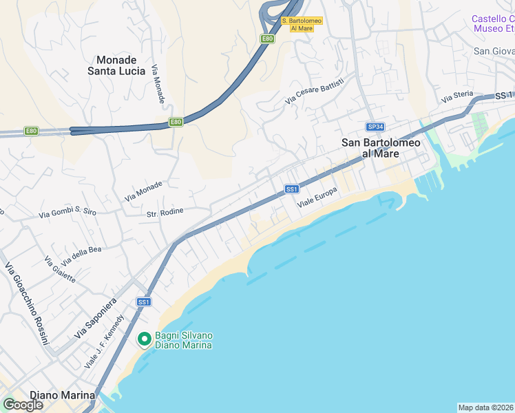 map of restaurants, bars, coffee shops, grocery stores, and more near 5 Piazza Gioacchino Rossini in San Bartolomeo Al Mare