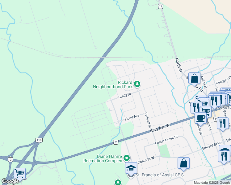 map of restaurants, bars, coffee shops, grocery stores, and more near 2307 Rudell Road in Clarington