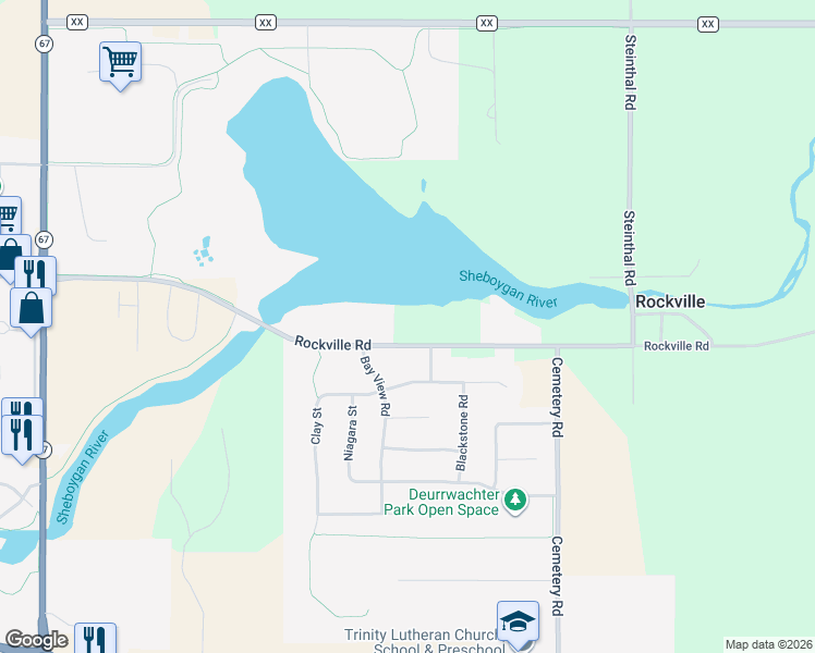 map of restaurants, bars, coffee shops, grocery stores, and more near 22508 Rockville Rd in Kiel
