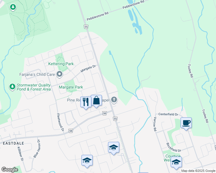 map of restaurants, bars, coffee shops, grocery stores, and more near 469 Townline Road North in Courtice
