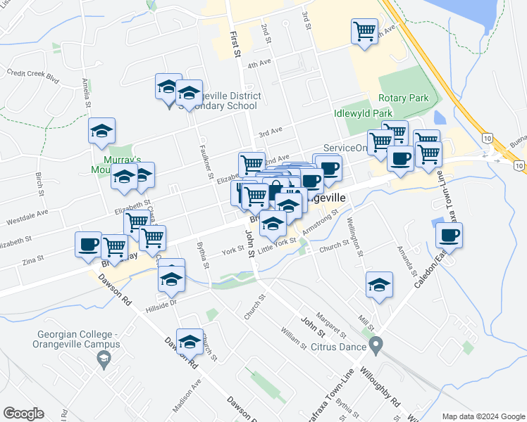 map of restaurants, bars, coffee shops, grocery stores, and more near 2 First Street in Orangeville