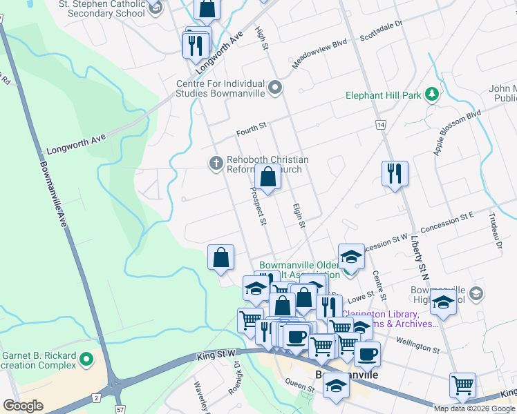 map of restaurants, bars, coffee shops, grocery stores, and more near Prospect Street in Bowmanville