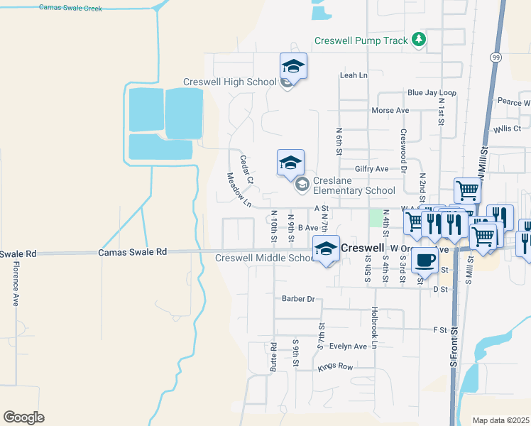 map of restaurants, bars, coffee shops, grocery stores, and more near 996 A Street in Creswell