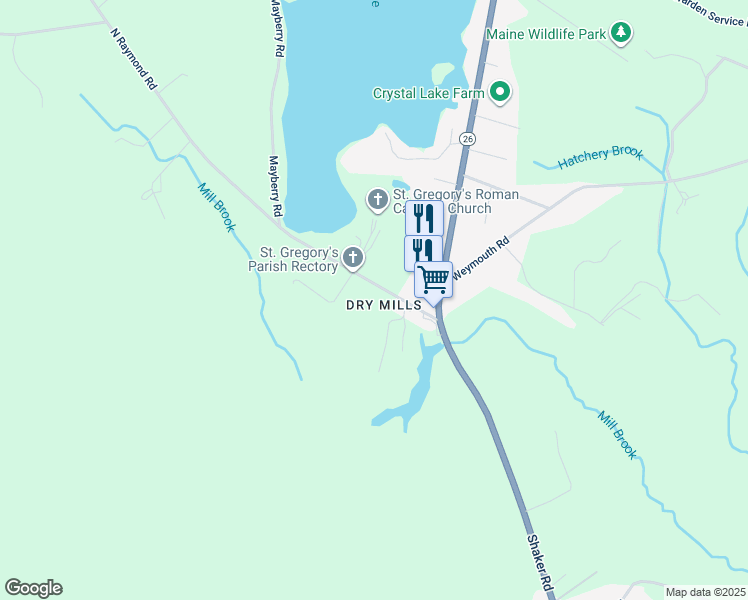 map of restaurants, bars, coffee shops, grocery stores, and more near 15 North Raymond Road in Gray