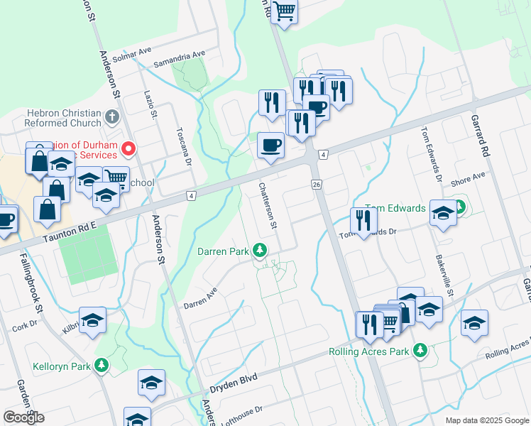 map of restaurants, bars, coffee shops, grocery stores, and more near 32 Bettina Place in Whitby
