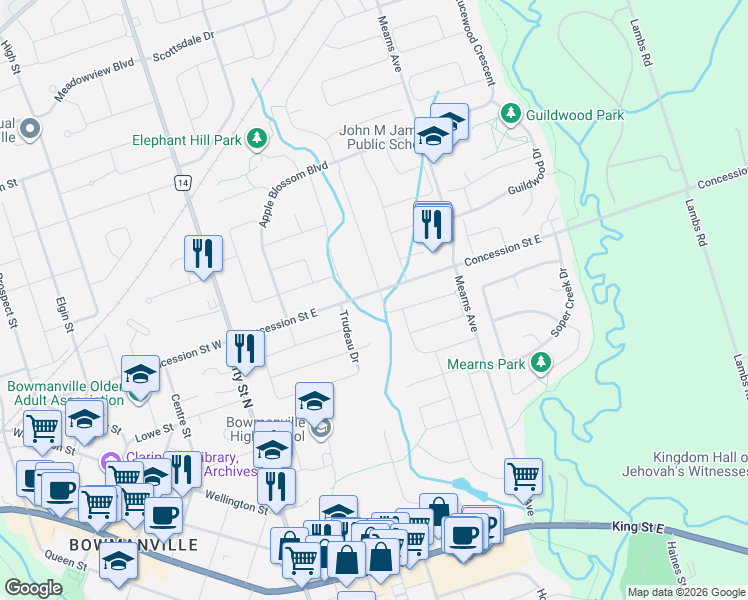 map of restaurants, bars, coffee shops, grocery stores, and more near 53 Concession Street East in Clarington