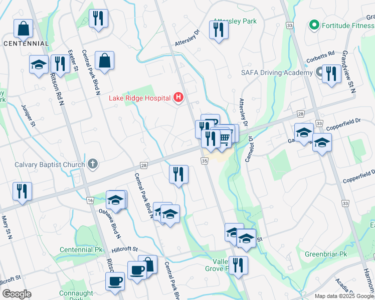 map of restaurants, bars, coffee shops, grocery stores, and more near 520 Rossland Road East in Oshawa