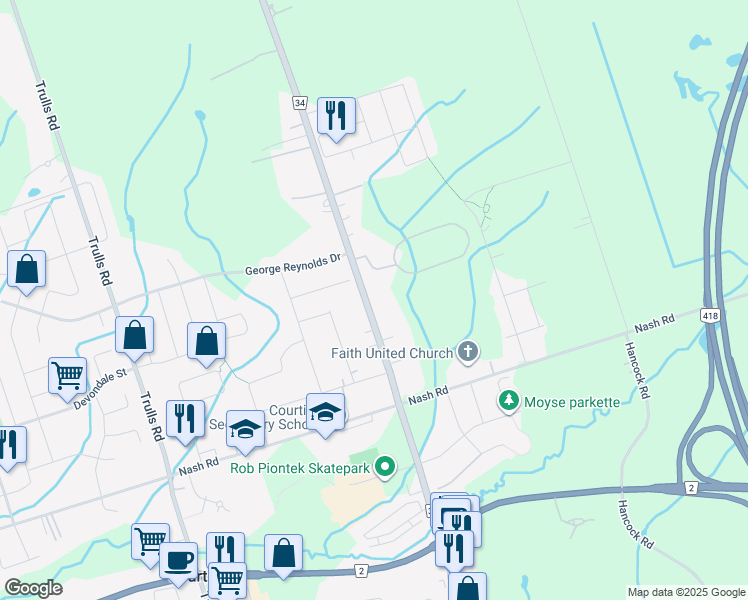 map of restaurants, bars, coffee shops, grocery stores, and more near 3151 Courtice Road in Courtice