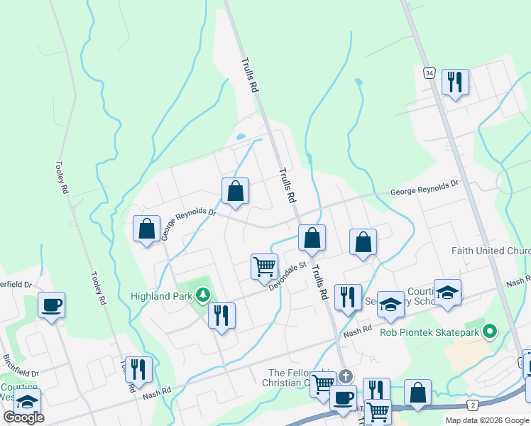 map of restaurants, bars, coffee shops, grocery stores, and more near 33 Mallory Street in Clarington