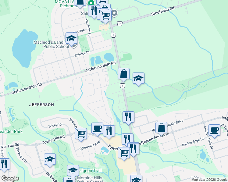 map of restaurants, bars, coffee shops, grocery stores, and more near 8 Townwood Drive in Richmond Hill