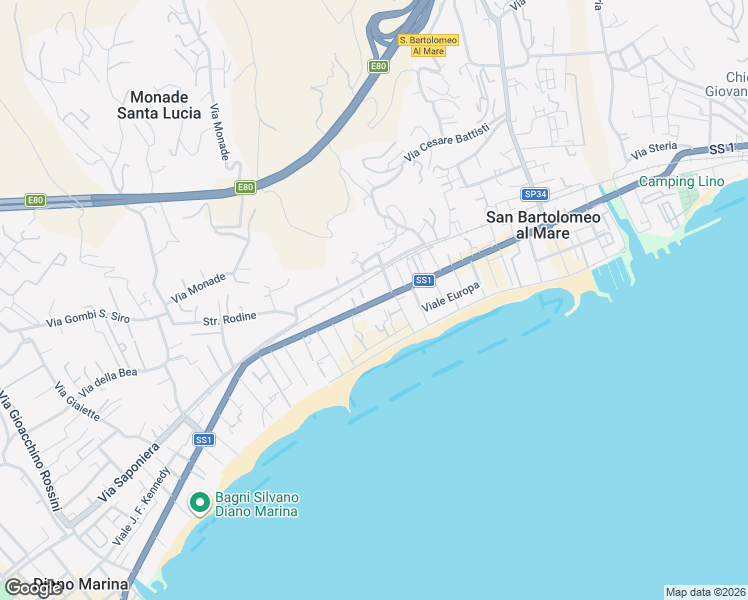 map of restaurants, bars, coffee shops, grocery stores, and more near 5 Piazza Gioacchino Rossini in San Bartolomeo Al Mare
