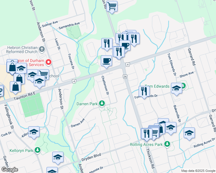 map of restaurants, bars, coffee shops, grocery stores, and more near 33 Chatterson Street in Whitby