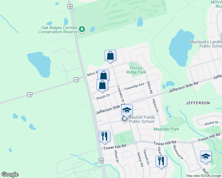 map of restaurants, bars, coffee shops, grocery stores, and more near 104 Sequin Drive in Richmond Hill