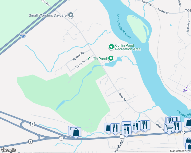 map of restaurants, bars, coffee shops, grocery stores, and more near 165 River Road in Brunswick