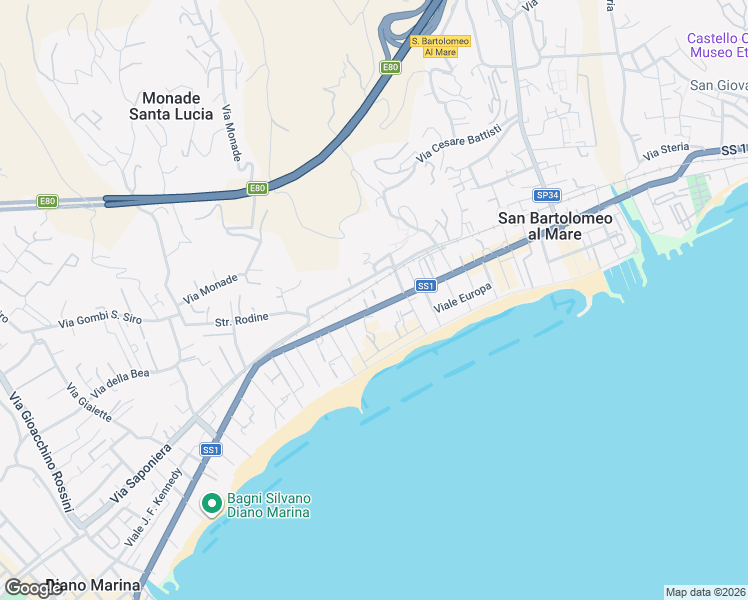 map of restaurants, bars, coffee shops, grocery stores, and more near 5 Piazza Gioacchino Rossini in San Bartolomeo Al Mare