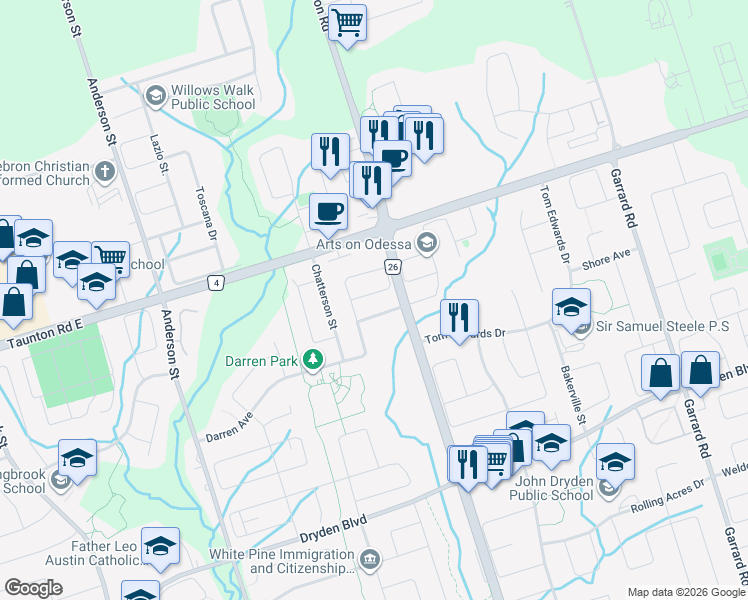 map of restaurants, bars, coffee shops, grocery stores, and more near 108 Bettina Place in Whitby