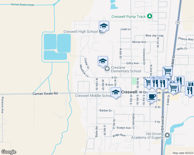 map of restaurants, bars, coffee shops, grocery stores, and more near 996 A Street in Creswell