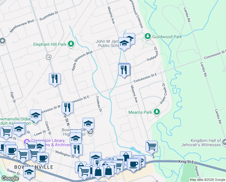 map of restaurants, bars, coffee shops, grocery stores, and more near 57A Concession Street East in Clarington