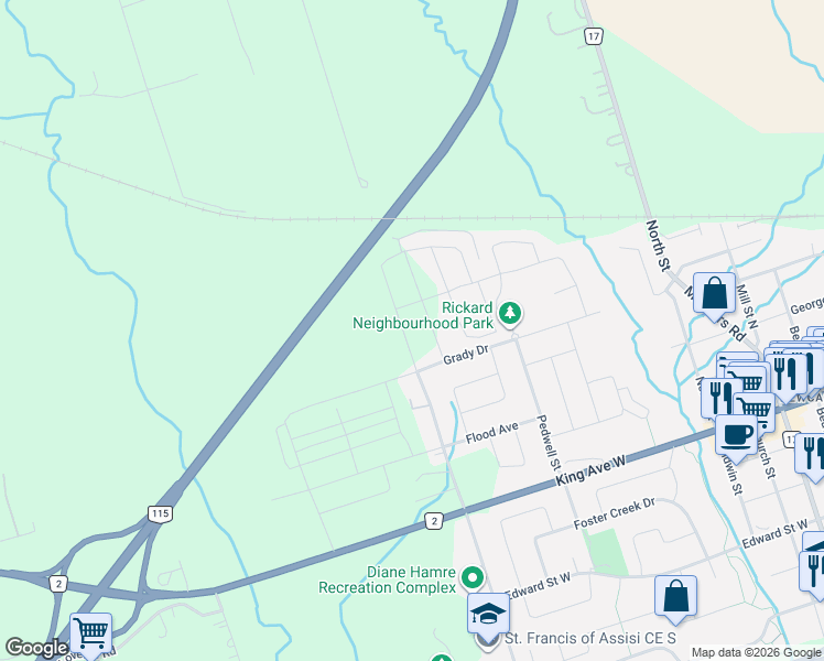 map of restaurants, bars, coffee shops, grocery stores, and more near 2307 Rudell Road in Clarington