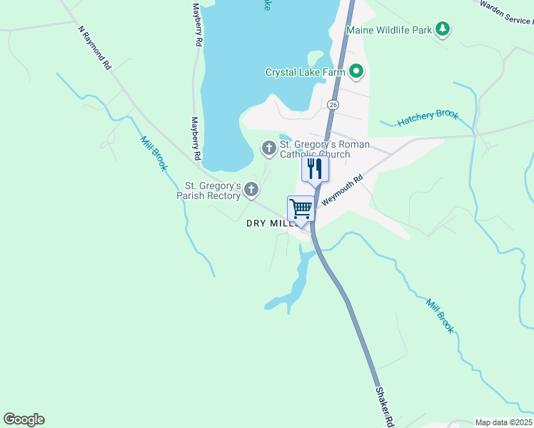 map of restaurants, bars, coffee shops, grocery stores, and more near 15 North Raymond Road in Gray