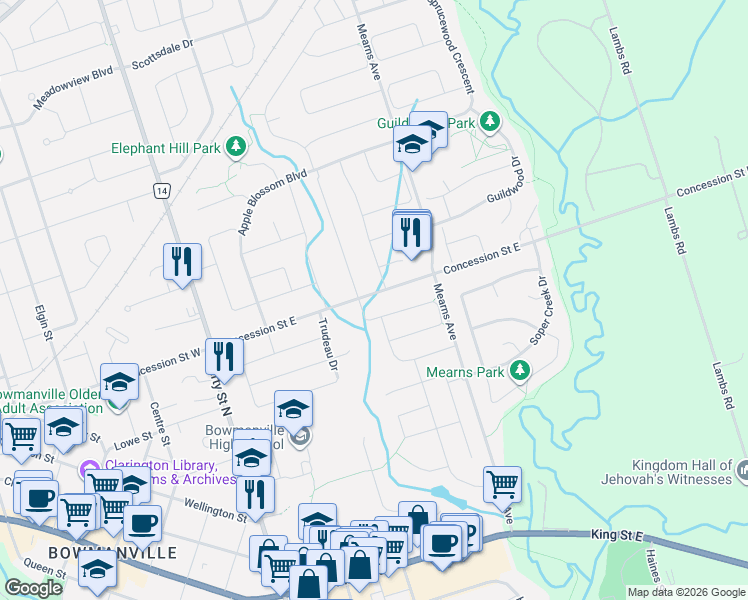 map of restaurants, bars, coffee shops, grocery stores, and more near 2 Kershaw Street in Bowmanville