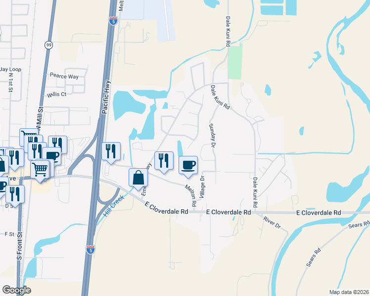 map of restaurants, bars, coffee shops, grocery stores, and more near 225 Pebble Beach Drive in Creswell