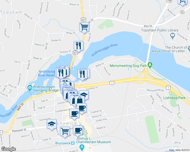 map of restaurants, bars, coffee shops, grocery stores, and more near 12 Stone Street in Brunswick