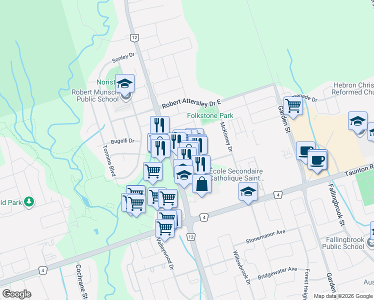 map of restaurants, bars, coffee shops, grocery stores, and more near 25 Haverhill Crescent in Whitby