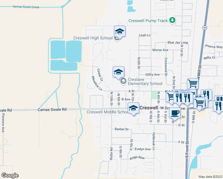 map of restaurants, bars, coffee shops, grocery stores, and more near 996 A Street in Creswell