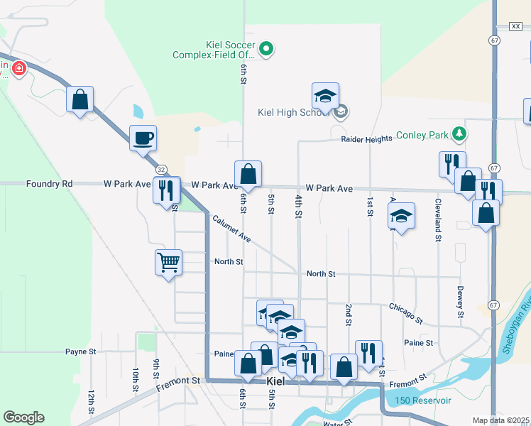 map of restaurants, bars, coffee shops, grocery stores, and more near 1123 5th Street in Kiel