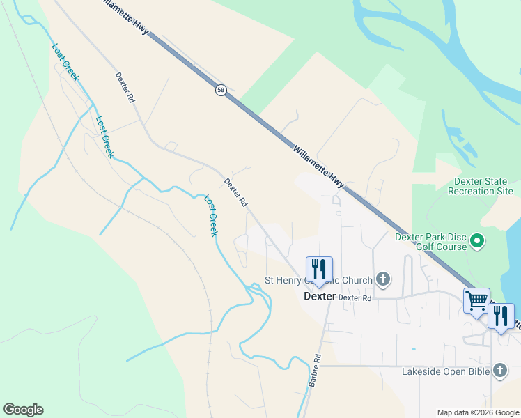 map of restaurants, bars, coffee shops, grocery stores, and more near 38717 Dexter Road in Dexter