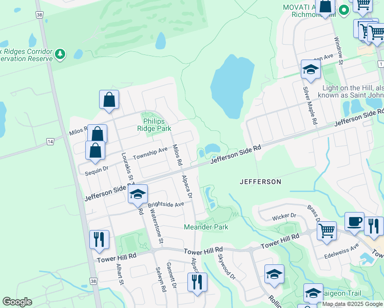 map of restaurants, bars, coffee shops, grocery stores, and more near 7 Barn Swallow Court in Richmond Hill