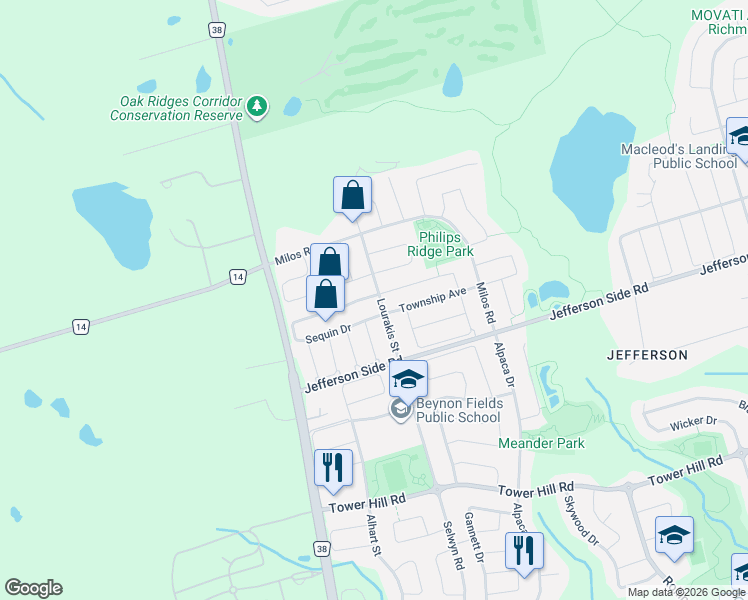 map of restaurants, bars, coffee shops, grocery stores, and more near 116 Sequin Drive in Richmond Hill