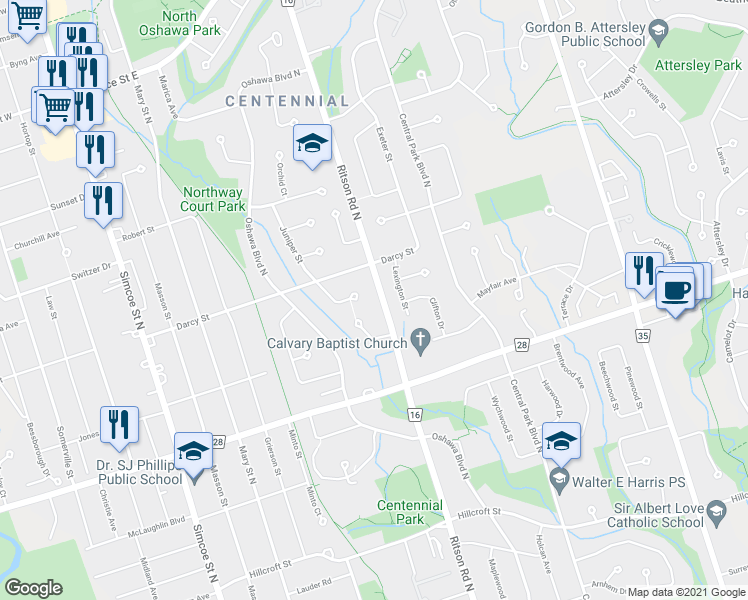 map of restaurants, bars, coffee shops, grocery stores, and more near 764 Ritson Road North in Oshawa