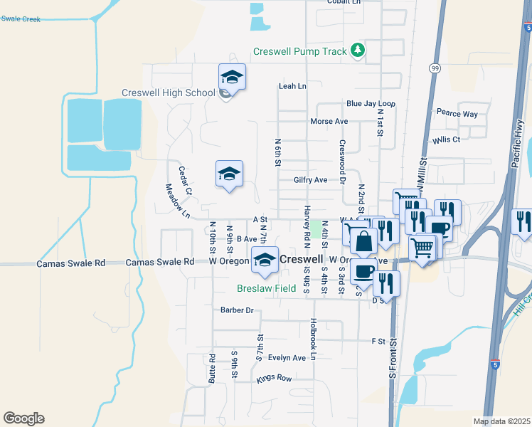 map of restaurants, bars, coffee shops, grocery stores, and more near 660 A St in Creswell
