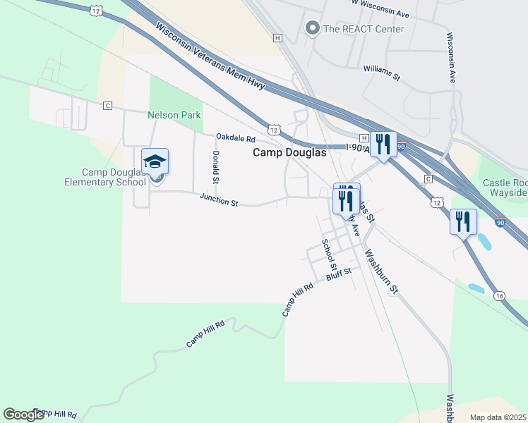 map of restaurants, bars, coffee shops, grocery stores, and more near 100 Junction Street in Camp Douglas